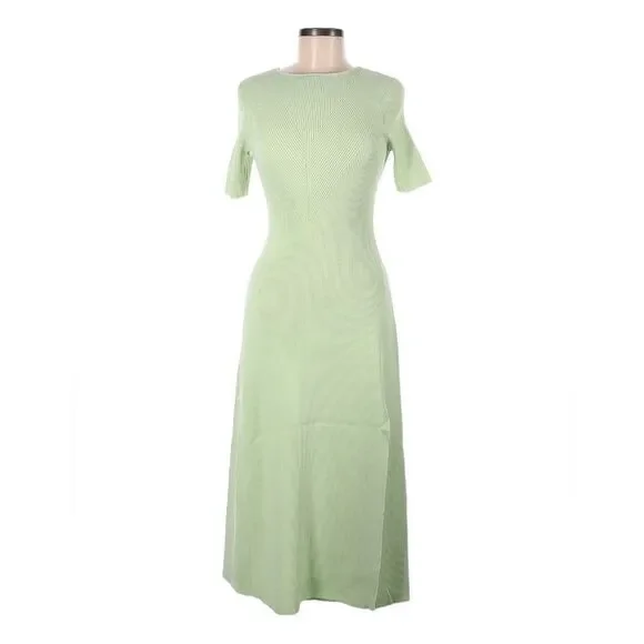 NWT Maje Green A Line High Side Slit Modest Exposed Back Minimalist Midi  Dress